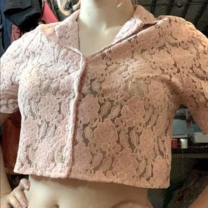 Pink floral partly see through button up blouse!!